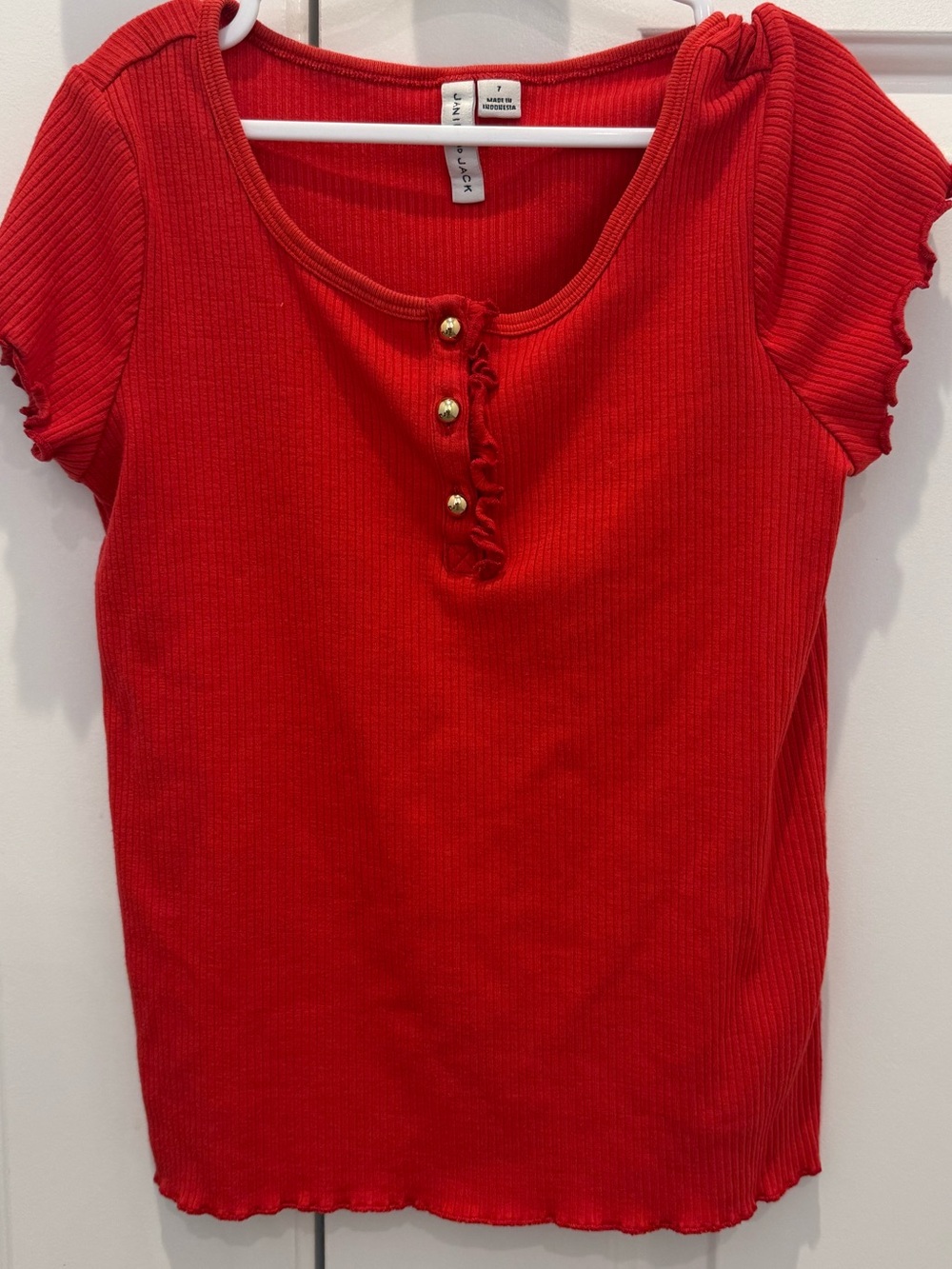 Janie and Jack Red Ribbed Short-Sleeve Henley with Ruffle Trim